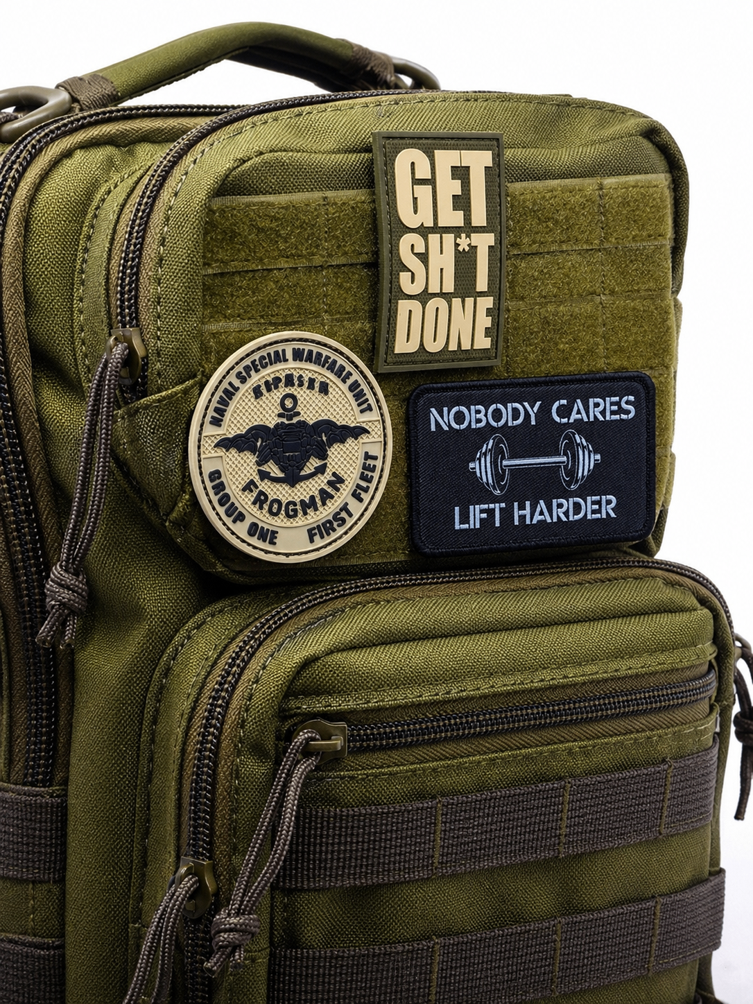 Custom morale patches on a tactical pack