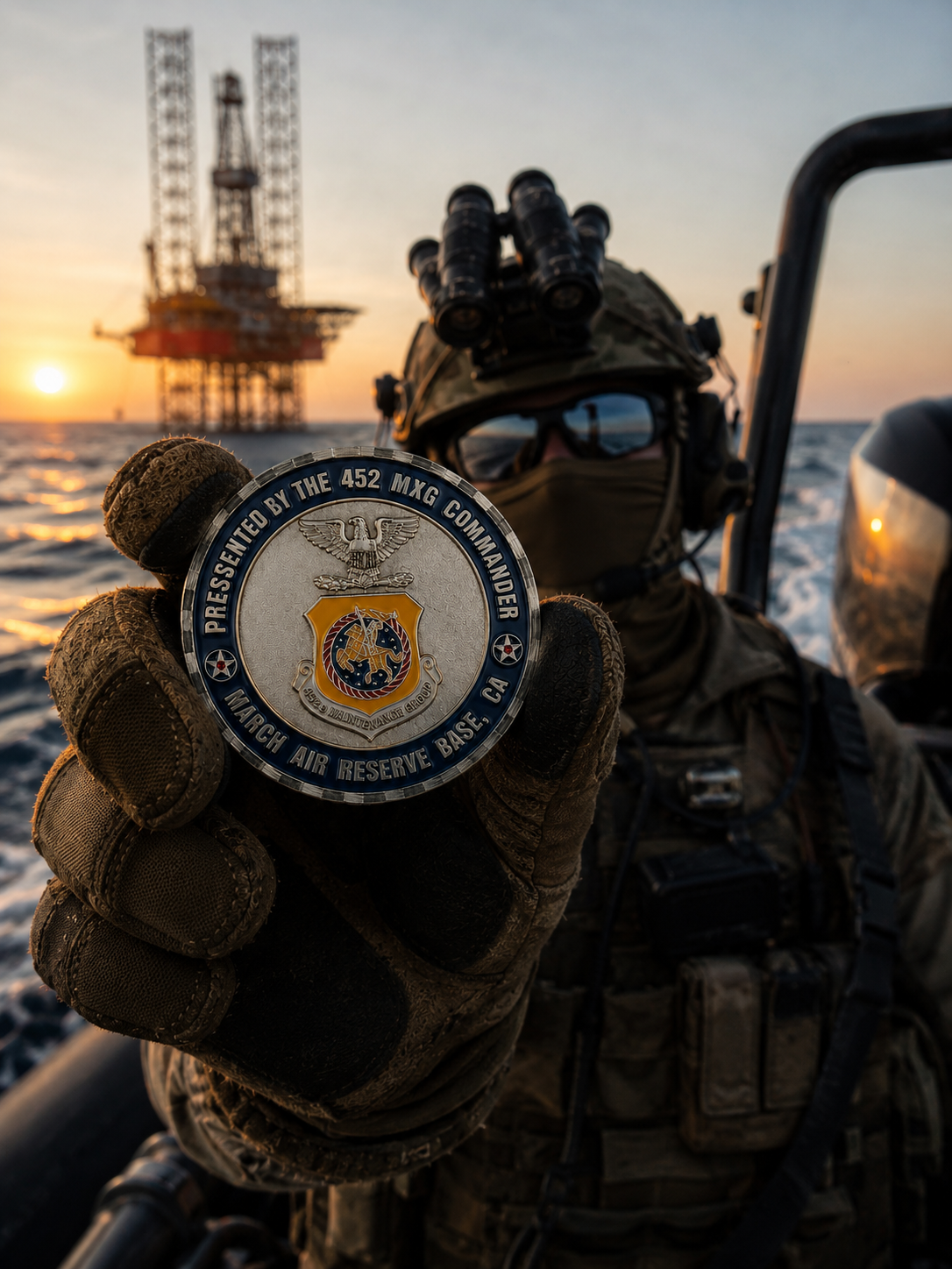 Custom challenge coin held in a tactical glove