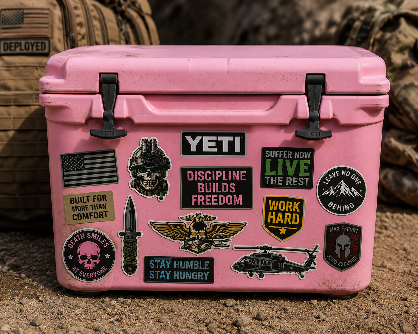 Custom stickers on a tactical cooler